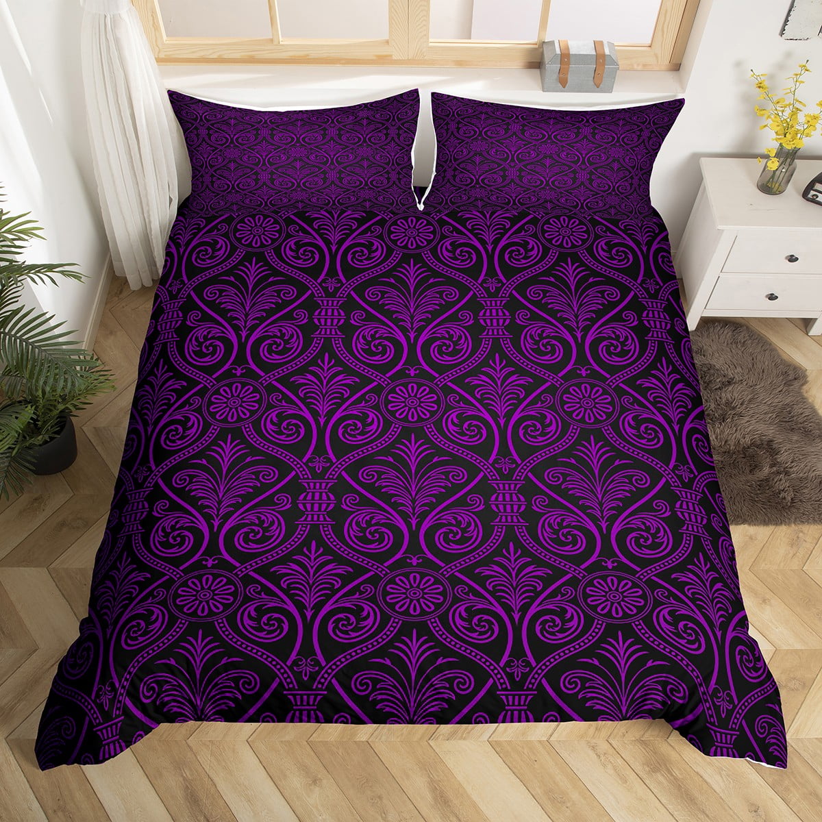 Purple Black Ombre Floral Bedding Set For Girls Women King,Gothic Baroque Damask Comforter Cover