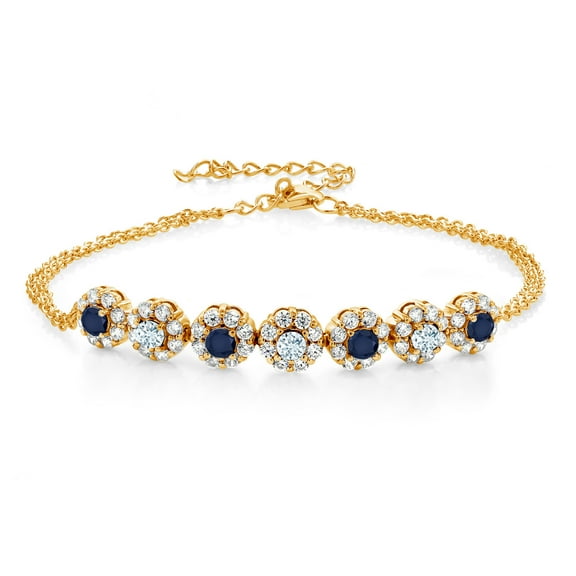 Gem Stone King 18K Yellow Gold Plated Silver Blue Sapphire and Sky Blue Aquamarine Tennis Bracelet for Women (2.23 Cttw, Gemstone September Birthstone, 7 inch with 2 inch Extender)