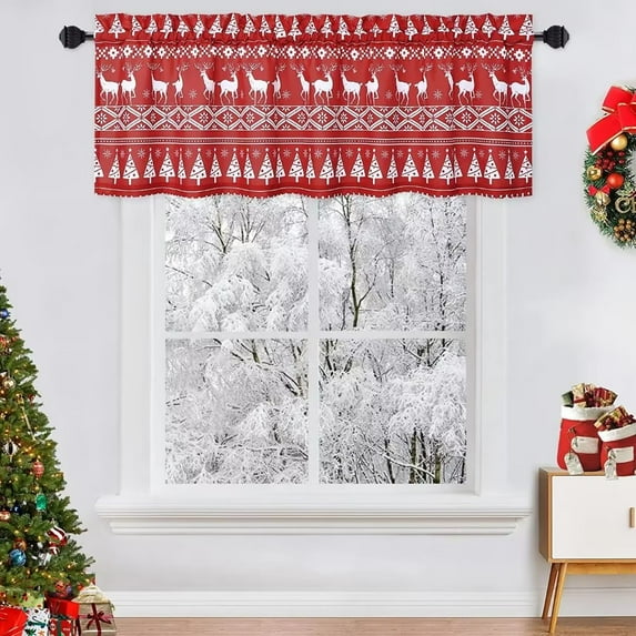 FairOnly Christmas Tree Deer Cafe Valance Curtain 52"W x 15"L Boho Style Blackout Valance Curtains Home Decorations Kitchen Valance Curtain, Red