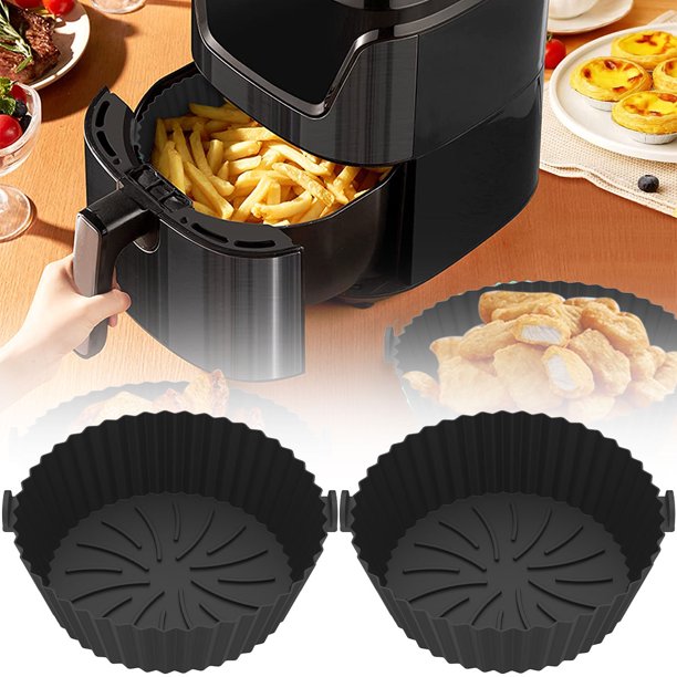 2 ollas de silicona para freidora de aire con asa, forro de freidora de aire reutilizable, resistente al calor, cesta de silicona para freidora de aire, bandeja redonda para hornear, accesorios para f