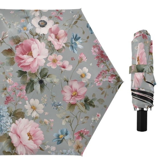Vintage Roses All Weather Umbrella Triple Folding Parasol 6 Ribs UV Protection Portable