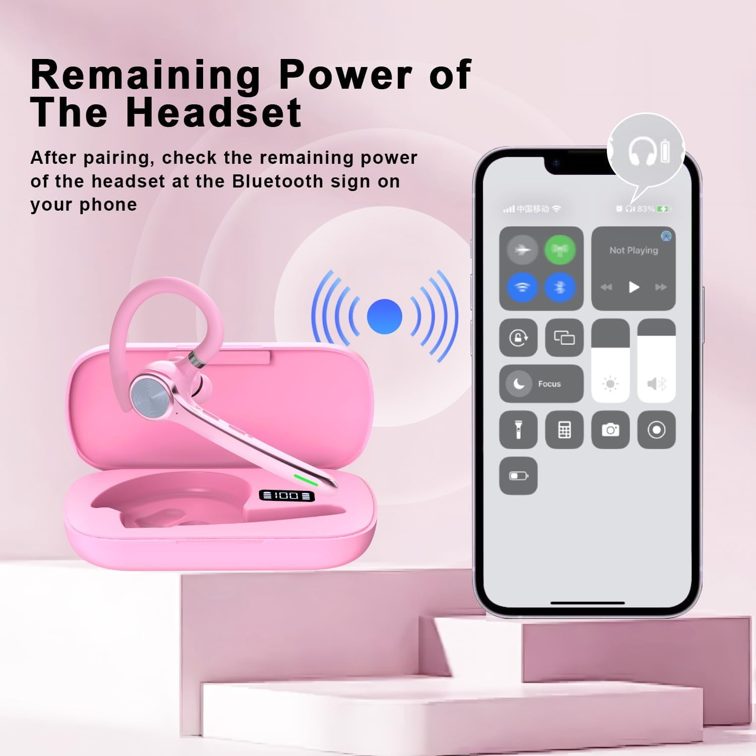 Bluetooth Headset, Wireless Bluetooth Earpiece with 500mAh Charging Case 72 Hours Talking Time Built-in Microphone for iOS Android Cell Phone, V5.1 Hand-Free Headphones for Trucker, Office-Pink