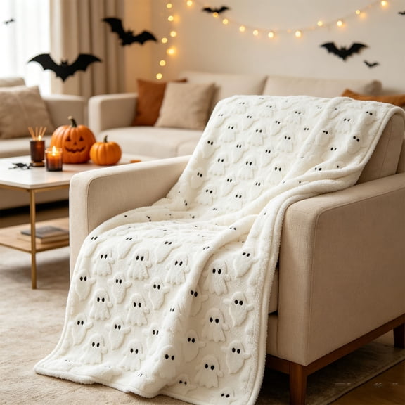 Sahpxhe Halloween Decoration Flannel Ghost Blanket with Spooky Pattern,Soft Warm Family Throw Blanket Nap Blanket for Halloween Living Room Bedroom Holiday Gift,59x39.37in White-L