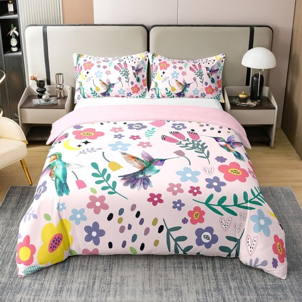 Ropa de cama,Pájaro de dibujos animados 100% algodón Funda nórdica Twin,Flor Botánica Tropical
