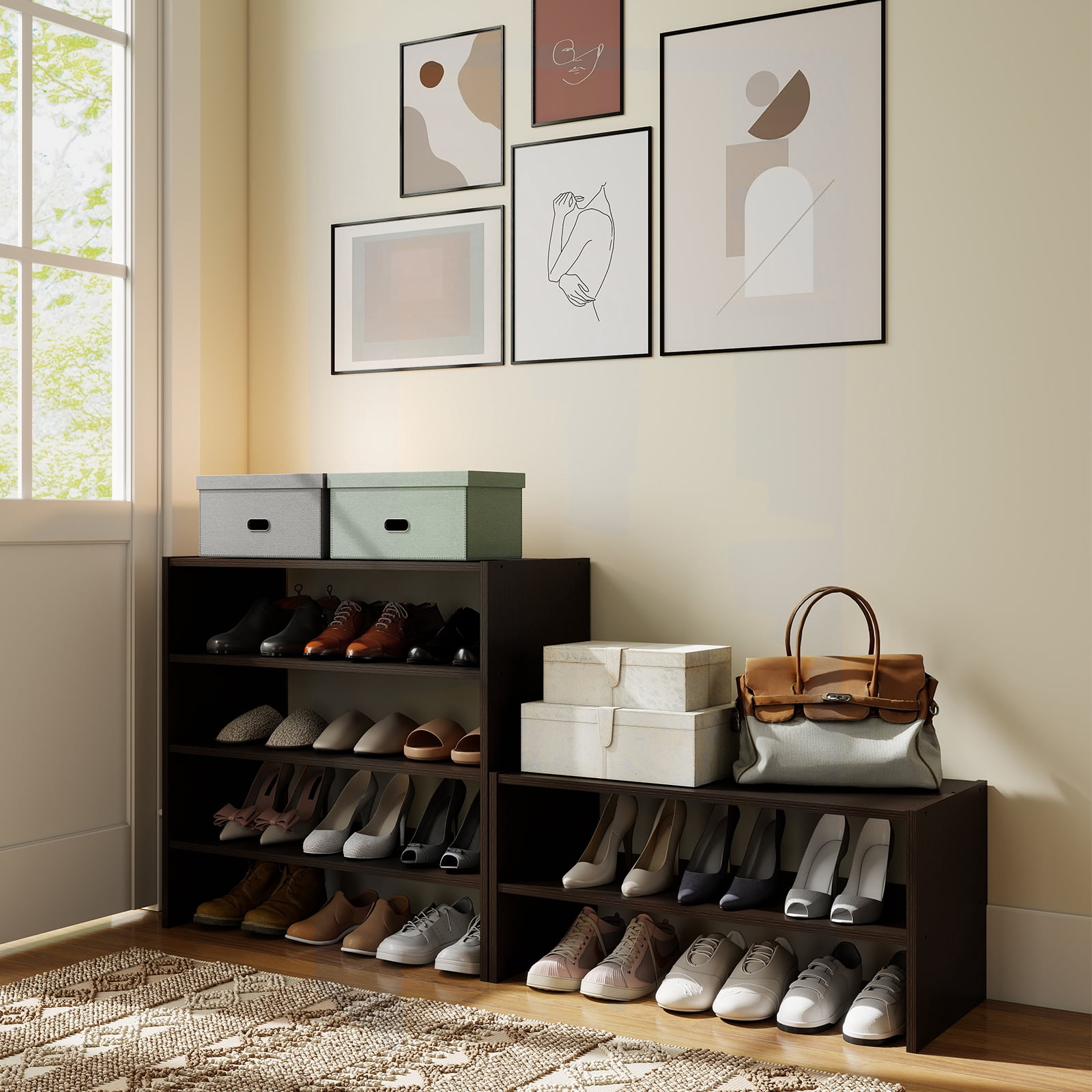 Prilinex 2-Tier Stackable Shoe Rack Organizer, Wooden Shoe Shelf for 6-12 Pairs , Freestanding Shoe Storage Stand for Closets, Entryway, Front Door & Office, Espresso