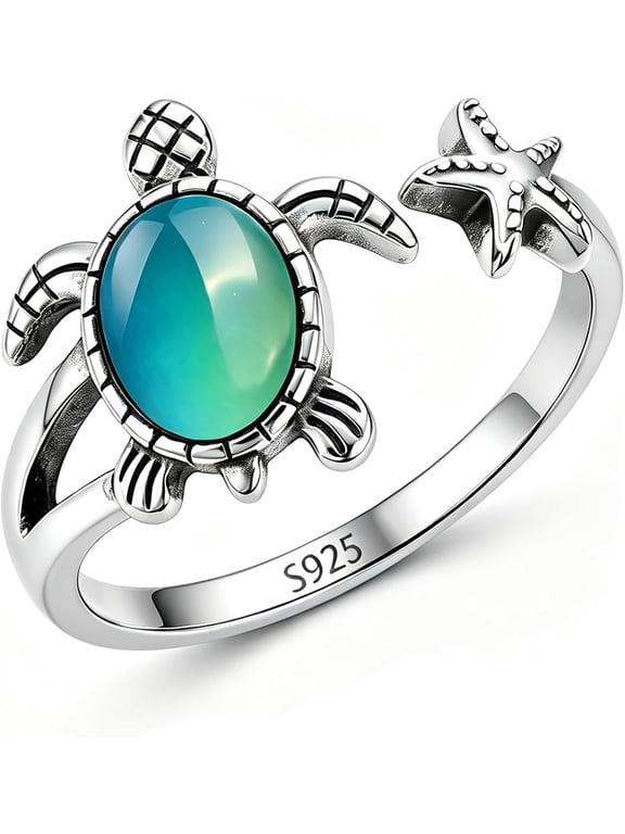 Sea Turtle Ring 925 Sterling Silver Starfish Color Changing Mood Open Adjustable Thumb Rings Ocean Sea Beach Jewelry Gift for Women Mom Grandma