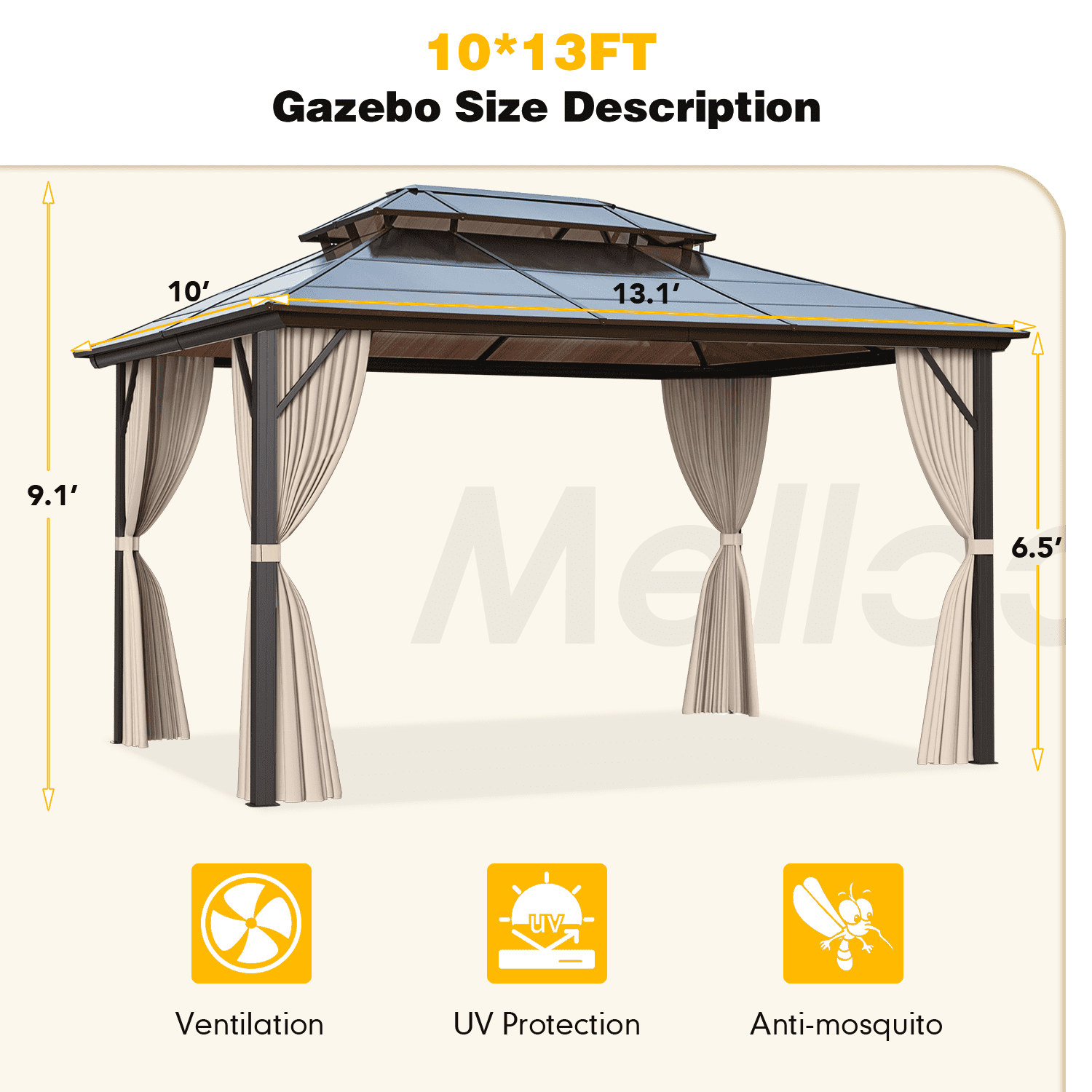 Hommow 10'x13' HardTop Double Roof Gazebo, Outdoor Polycarbonate Patio Gazebo with Aluminum Frame,Curtain