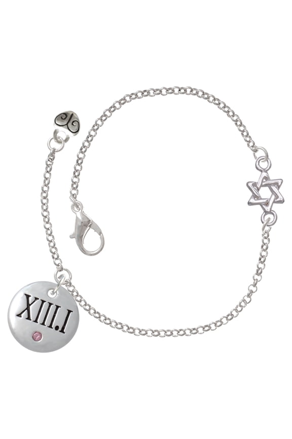 Silver tone Half Marathon with Pink Crystal Roman Numeral Charm on Star of David Delicate Bracelet, 6.25+1.75" Extender