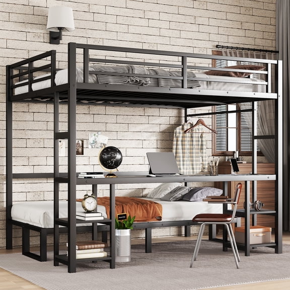 Queen Over Twin XL Bunk Bed,Heavy Duty Loft Bed with Desk and Shelves, Metal Bunk Bed with LED and USB,Multiple Uses Folds into Sofa,Black