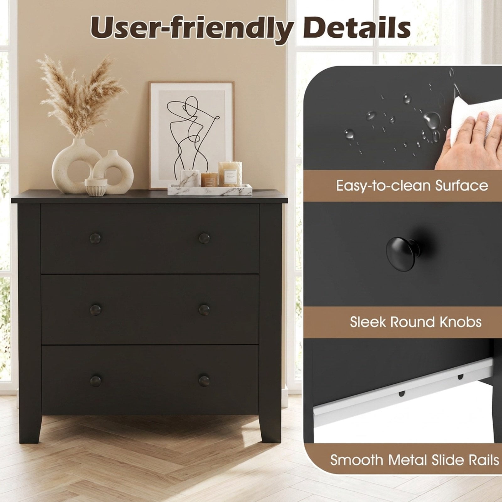 Furnibear 3 Drawer Dresser Chest of Drawers Bedside Table, Wood Grain, for Bedroom Closet Living Room Nursery Clothes Storage, Dark Brown