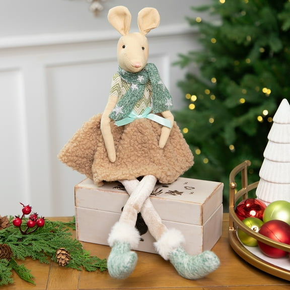 Northlight Sitting Girl Mouse in Plush Dress with Dangling Legs Christmas Figure - 18"