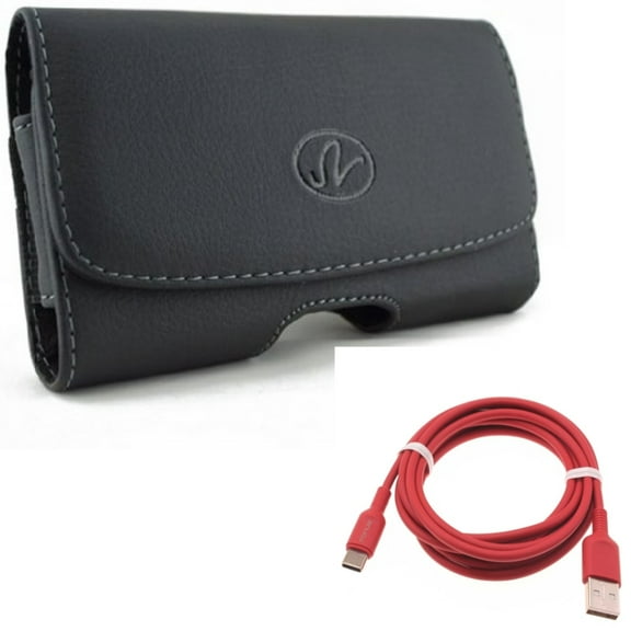 Red 6ft USB-C Cable w Leather Case Belt Clip for Samsung Galaxy A53 5G,A33 5G Phones - Charger Cord Power Wire Type-C, Swivel Holster Loops Cover