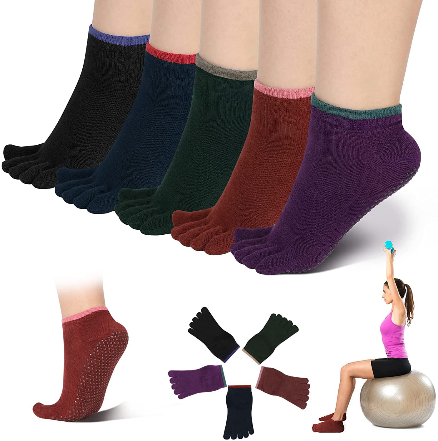 Women Toeless Non Slip Yoga Pilates Socks with Grips # 5 Pair 
