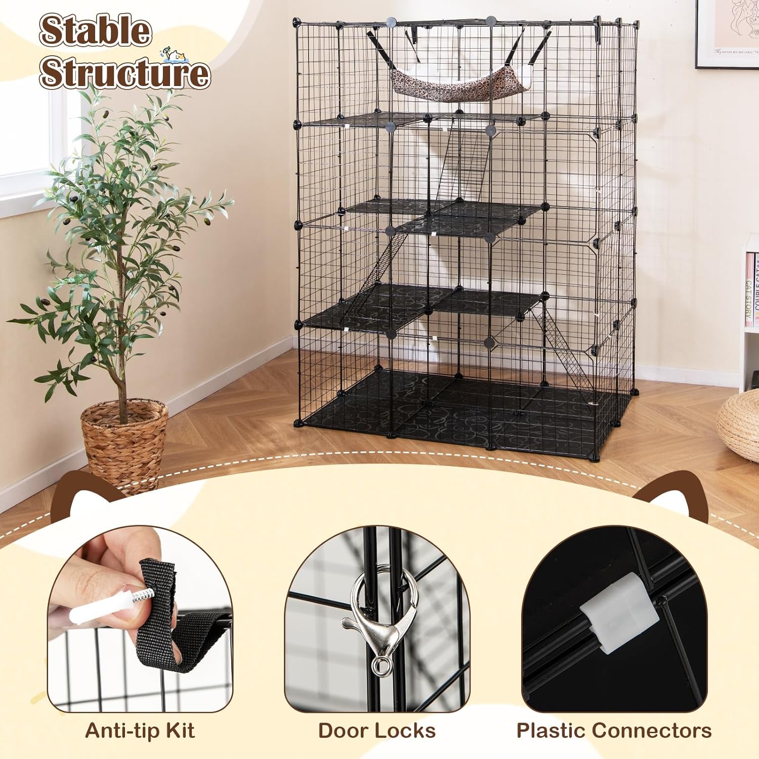 Cat Cages Indoor, 56" Large 4-Tier Cat Enclosure with Skylight, Hammock, 3 Ladders, Detachable Metal Wire Kennel with 4 Lockable Doors, DIY Cat Crate & Pet Playpen Catio for 1-4 Cats
