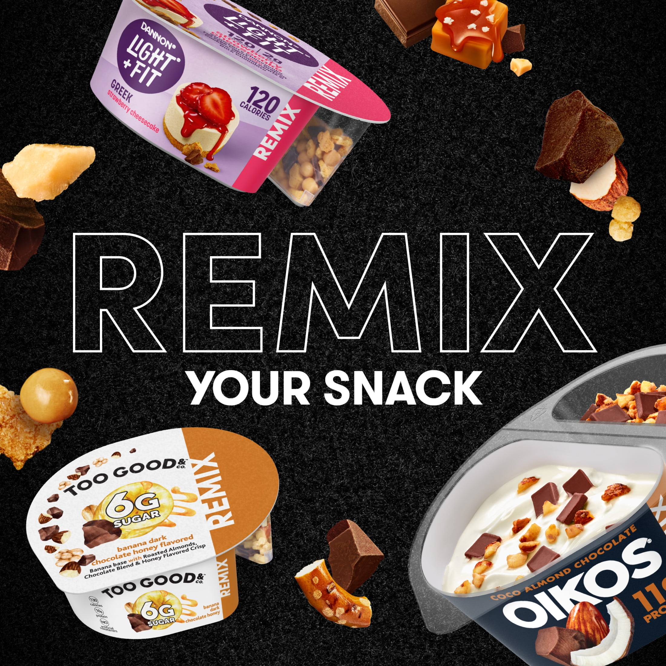 Oikos REMIX Coco Almond Chocolate 11g Protein, Coconut Fat Free Greek Yogurt Cup with Honey Praline Almonds and Dark Chocolate Mix-Ins, 4.5 oz