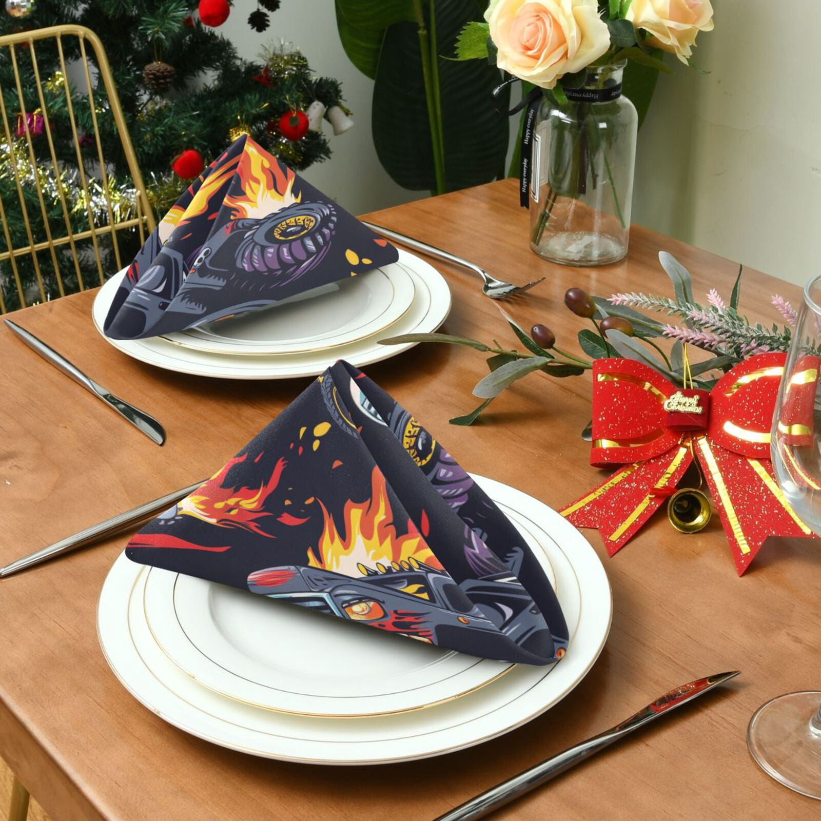 JSTEL Monster Truck Running Cloth Napkins Set of 6, 20x20 Inch Washable and Reusable Napkin for Decoupage Dinner Party Everyday Use