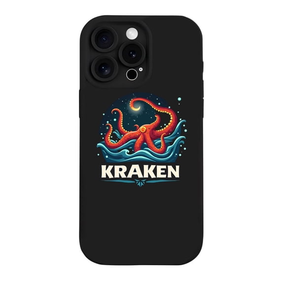 KRAKEN iPhone 15 Pro Case - Lightweight Yellowing Resistant with Vibrant Red Octopus Design & Blue Waves on Starry Night