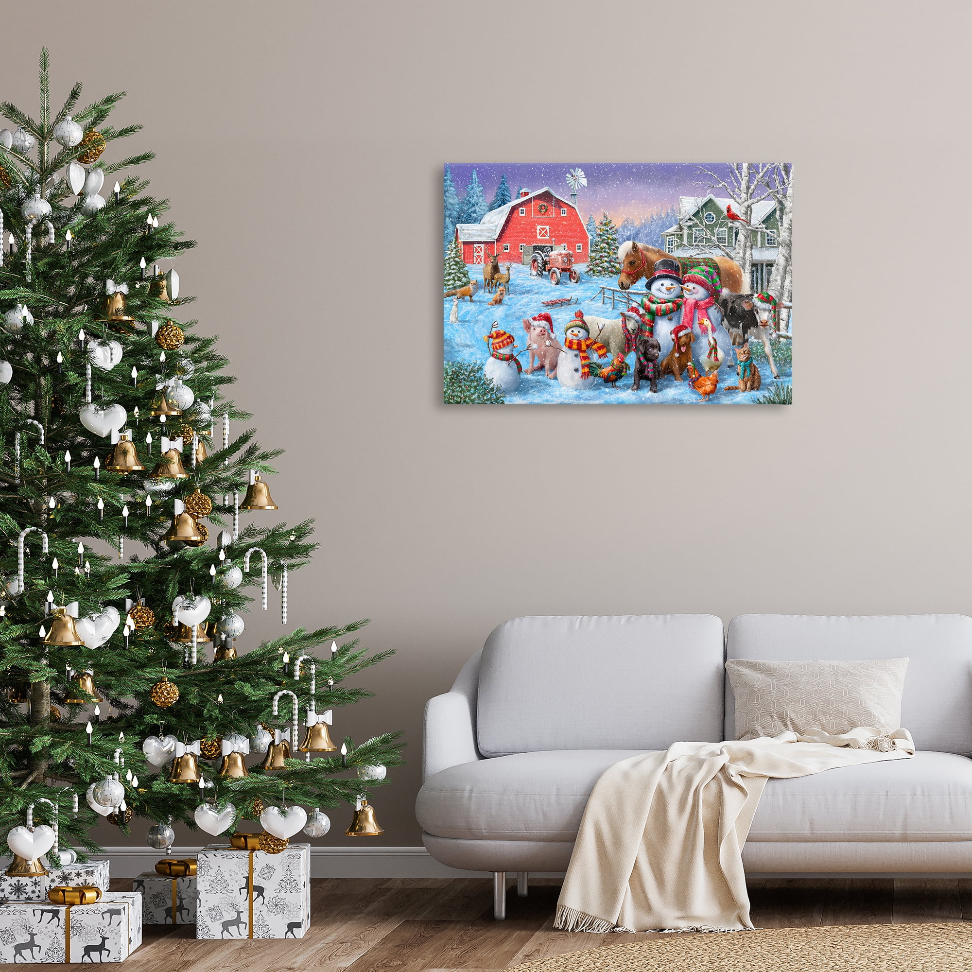 Stupell Industries Snowman & Dogs Family Holiday Painting Gallery Wrapped Canvas Art Prints Wall Art, 36 x 24