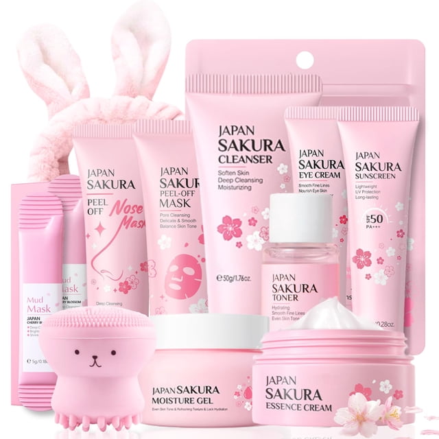 Kit de cuidado de la piel Evolvique Sakura con diadema de conejo, 12 unidades