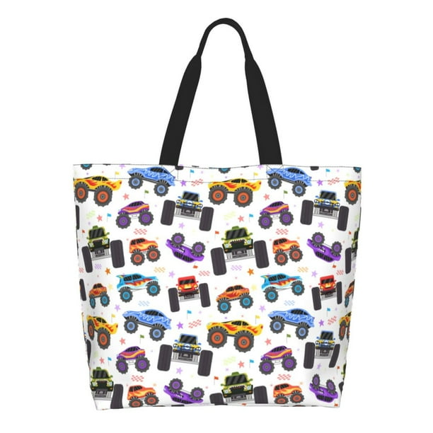 Balery Cartoon Monster Trucks1 Bolsa Tote Estilo Estético con Cremalleras, Bolsa de Hombro, Bolsa de Compras Grande y Plegable
