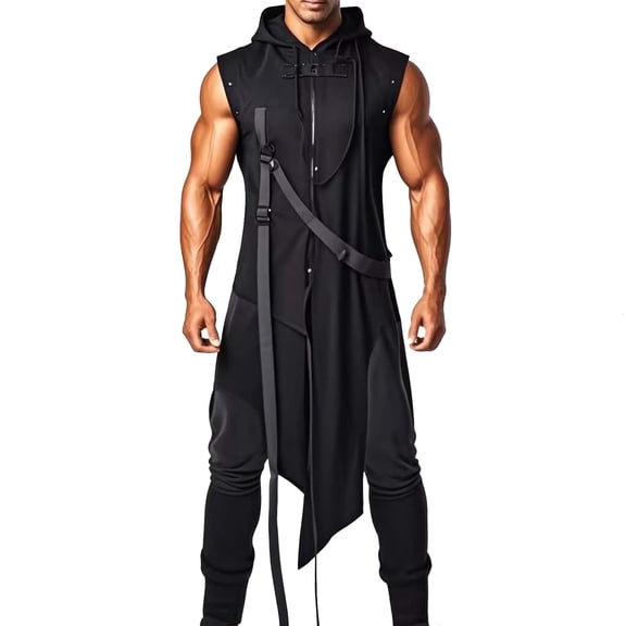 LWITHSZG Men Gothic Sleeveless Hooded Long Vest Asymmetric Split Hem Cross Strap Zipper Robe Irregular Tunic Tops Medieval Festival Outfits XL