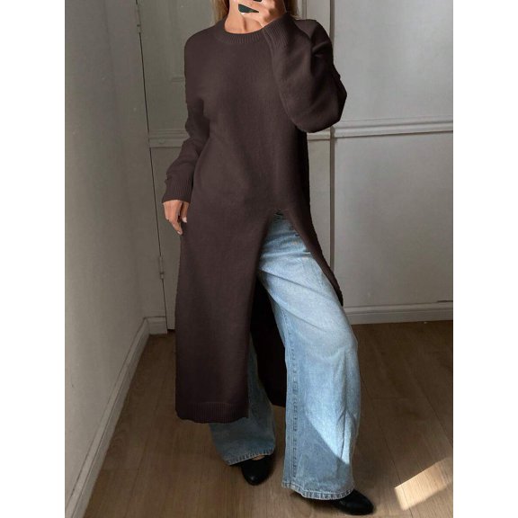 Womens Brown Casual Long Sleeve Split Hem Sweater Dress