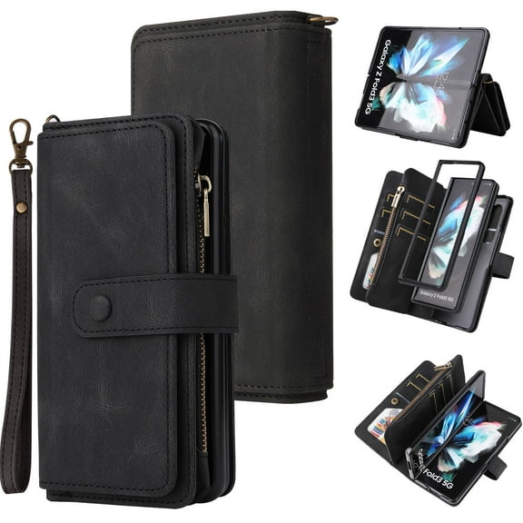 Phone Case for Samsung Galaxy Z Fold 4 5G (2022), Galaxy Z Fold 4 Wallet Case, Luxury Folio Flip Leather Cover[Zipper Pocket] [Wrist Strap][Kickstand] for Samsung Galaxy Z Fold 4 5G 7.6 inch, Black