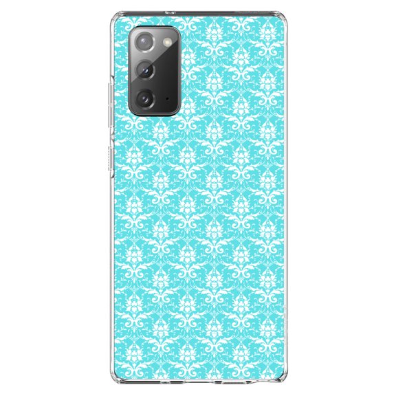 DistinctInk Clear Shockproof Hybrid Case for Galaxy Note 20 ULTRA (6.9" Screen) - TPU Bumper, Acrylic Back, Tempered Glass Screen Protector - Baby Blue White Damask Pattern - Floral Damask Pattern