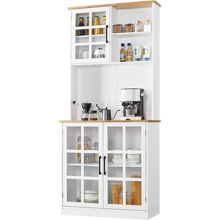 

FulnKye Kitchen Storage Cabinet Pantry Cabinet Cupboard with Top & Bottom Enclosed Cabinets Adjustable Shelves and Large Countertop for Microwave White