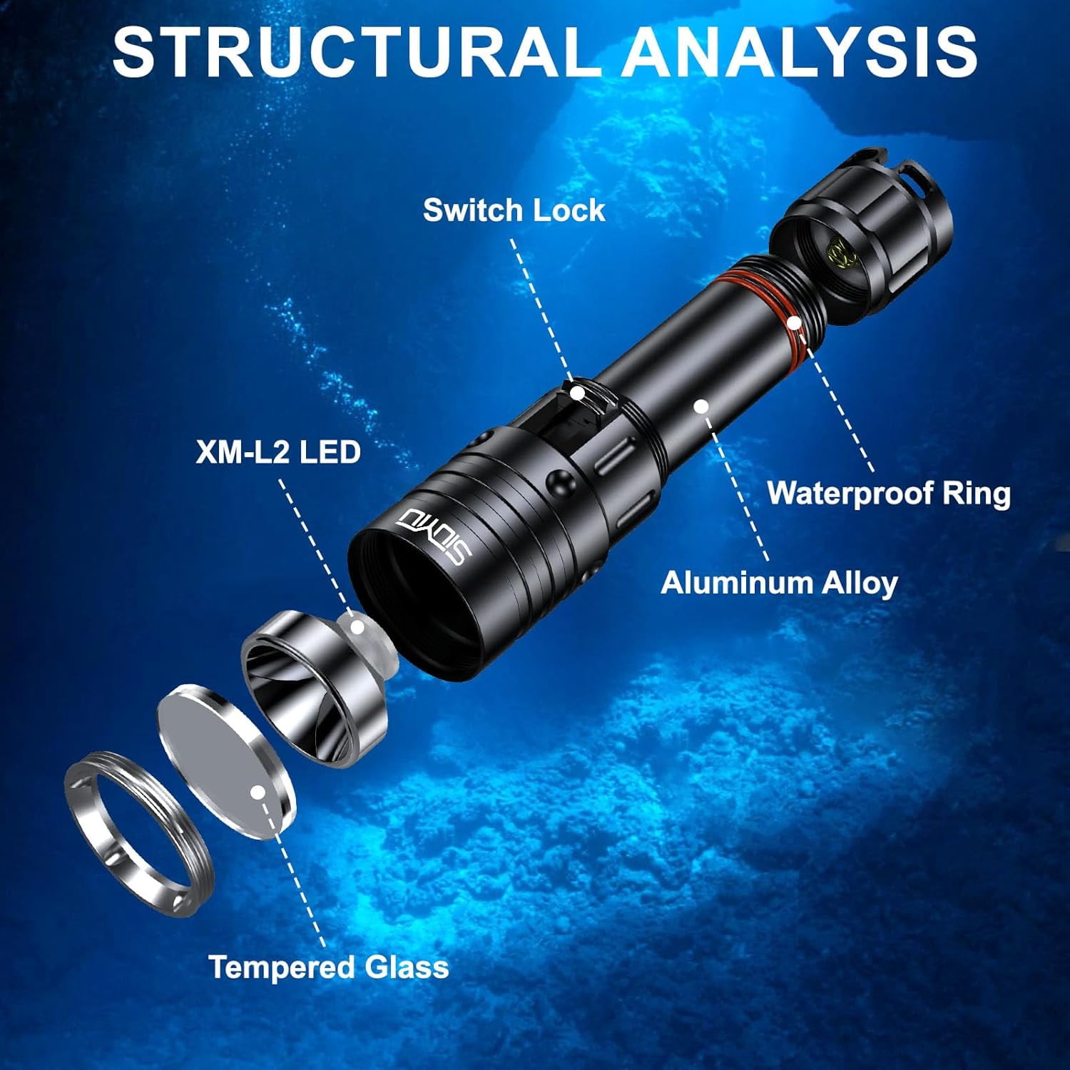 2000 Lumen Dive Light for Scuba Diving, 150 Meters Underwater Flashlight, Rechargeable Battery, White Light, Aluminum Alloy, Diving Flashlight with Push Switch