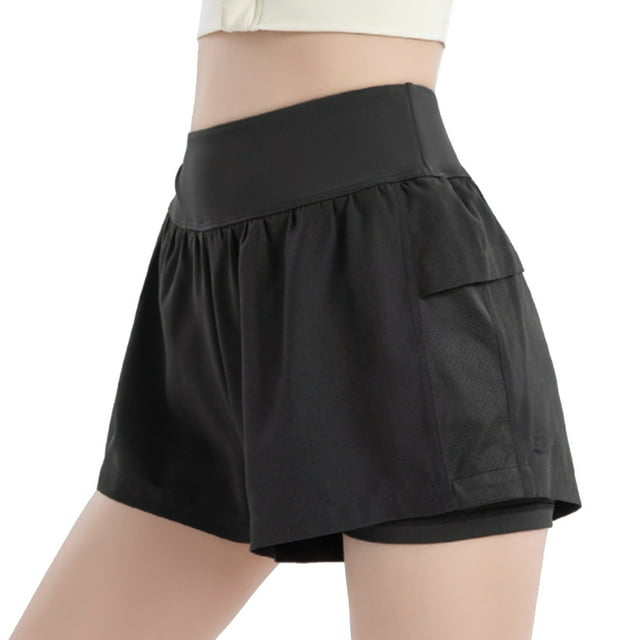 Pantalones cortos para correr de talle alto para mujer, pantalones cortos deportivos de secado rápido con bolsillos con cremallera y forro de malla