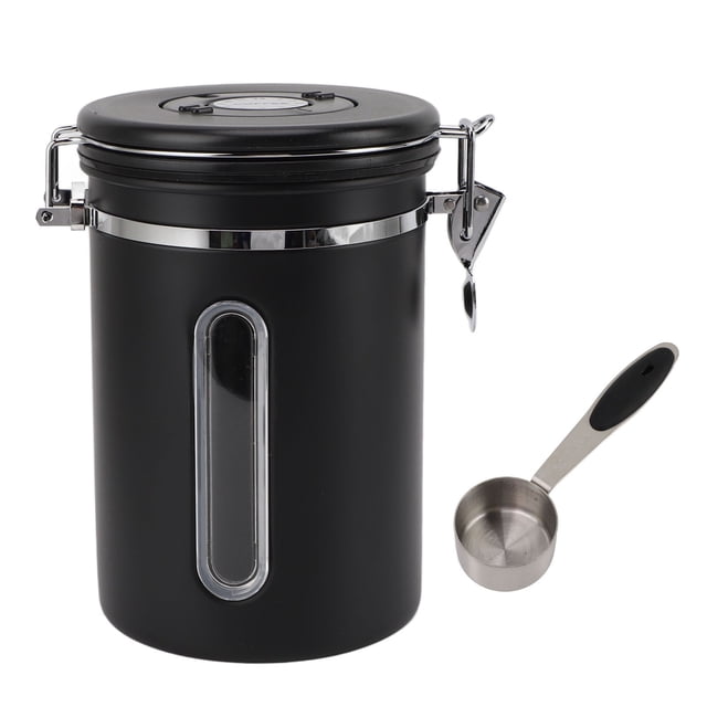 Bote de café 1800 ml Diseño de ventana de acero inoxidable 304 Ventilación unidireccional con cuchara Contenedor de café hermético para granos de café Negro mate