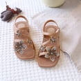 thumbnail image 3 of Girls Strappy Sandals Cute Rhinestone Floral Flat Shoes Square Open Toe Slip on Beach Vacation Dress Shoes Brown 13.5 Little Kids, 3 of 6