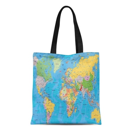 LADDKE Canvas Tote Bag Colorful Accurate Excellent World Map Schools College Students Geography Reusable Handbag Shoulder Grocery Shopping
