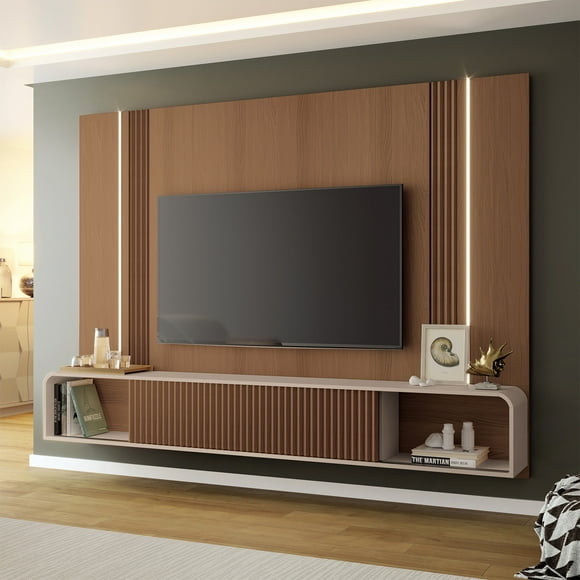 Panel de TV Empire con Iluminación LED y Almacenaje | Diseño Curvo | Puertas Deslizables | Castaño/blanco hueso | Para Pantallas hasta 85”