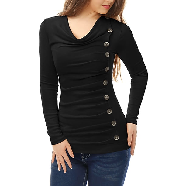 Top acanalado con botones y mangas largas con cuello vuelto para mujer Negro XXL