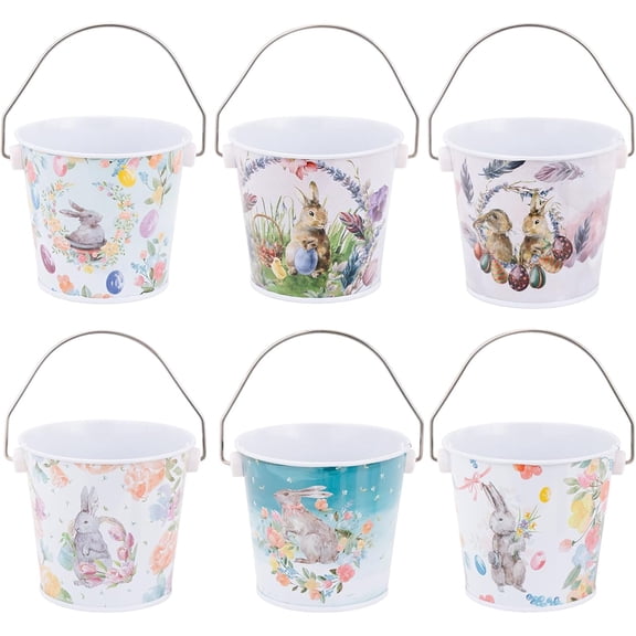 Easter Treat Buckets –  Bunny Design Metal Containers, Carry Handle | Children Easter Favor Pails for Sweets Chocolates Egg Hunting Festival Rewards (Random Style)