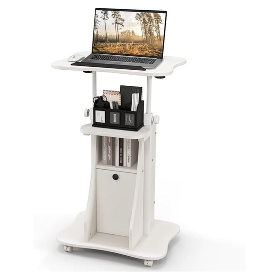 Mobile Lectern Podium Stand, Rolling Laptop Cart w/ 180° Tilting , Storage Compartments & Lockable Casters, Sit-to-Stand Computer Workstation for Home, Office, School (White, Set of 1)