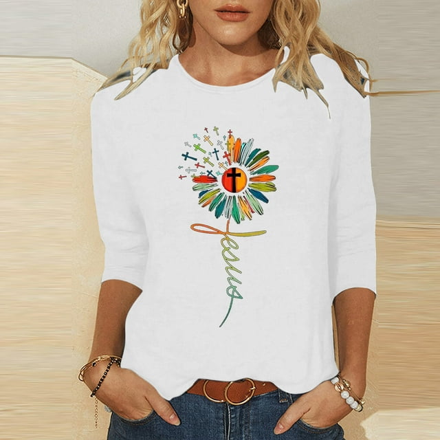EGNMCR Easter T-Shirts à Imprimé pour Femmes T-Shirts Graphiques pour Femmes Chemises pour Femmes Femmes Manches 3/4 Chemises Décontractées Chandail Tunique Ample Hauts Blouse à Imprimé T-Shirts pour Femmes