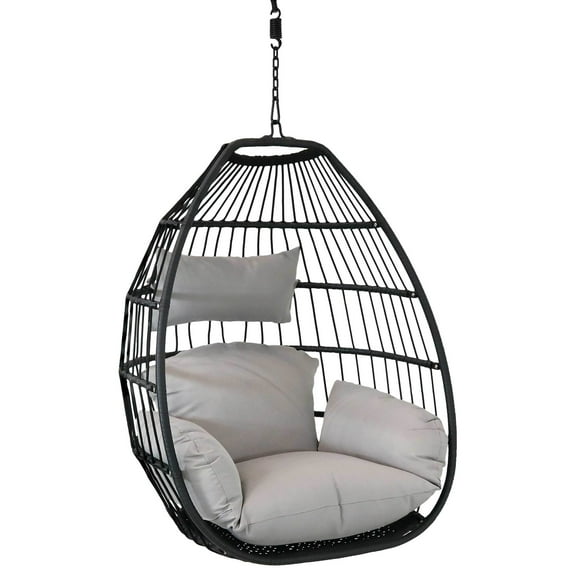 Sunnydaze Delaney Resin Wicker Egg Hanging Chair with Cushions, Gray