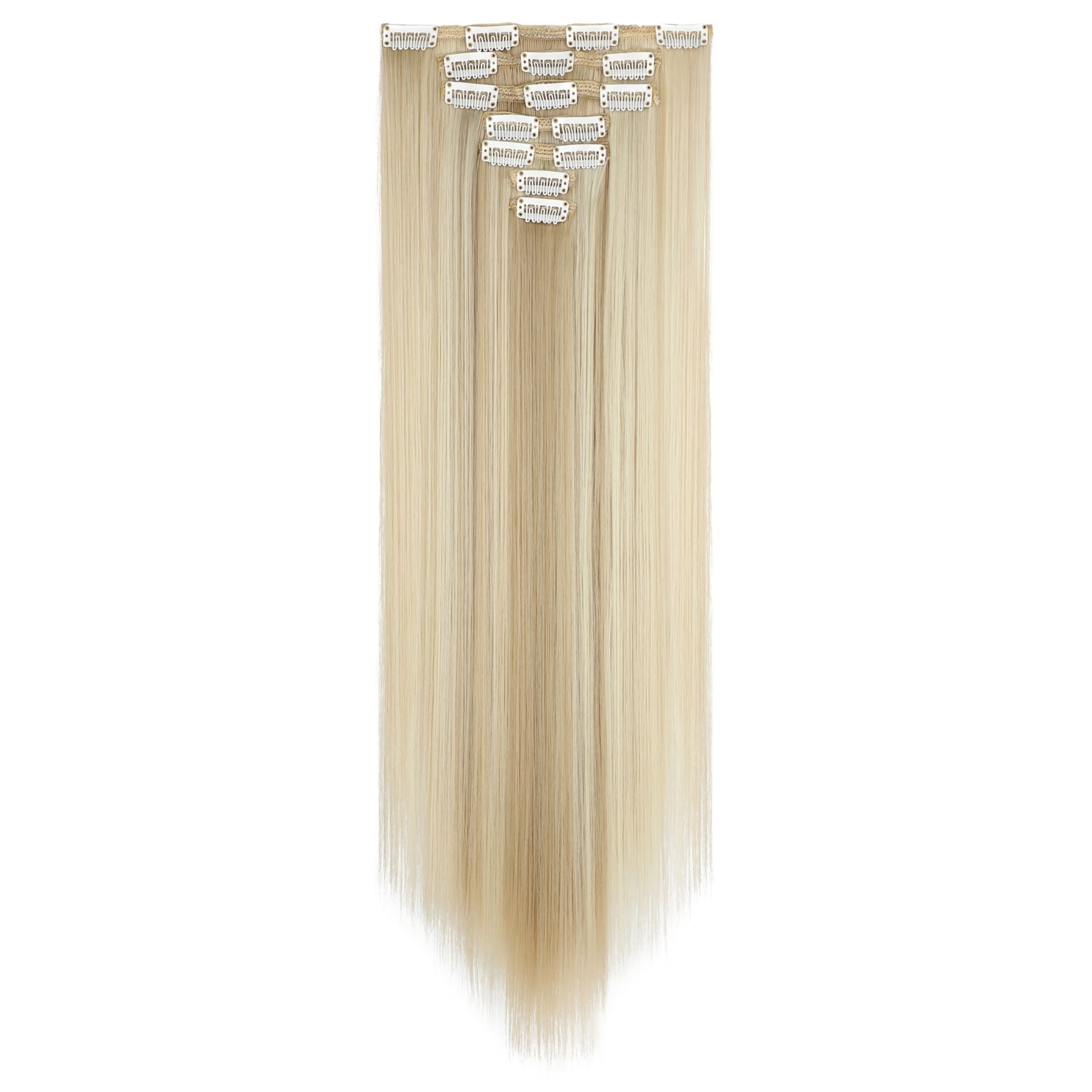 Qlenkay Clip in Hair Extensions Synthetic Hair 7 pcs Double Weft Long Wavy Straight Hair Extension for Women