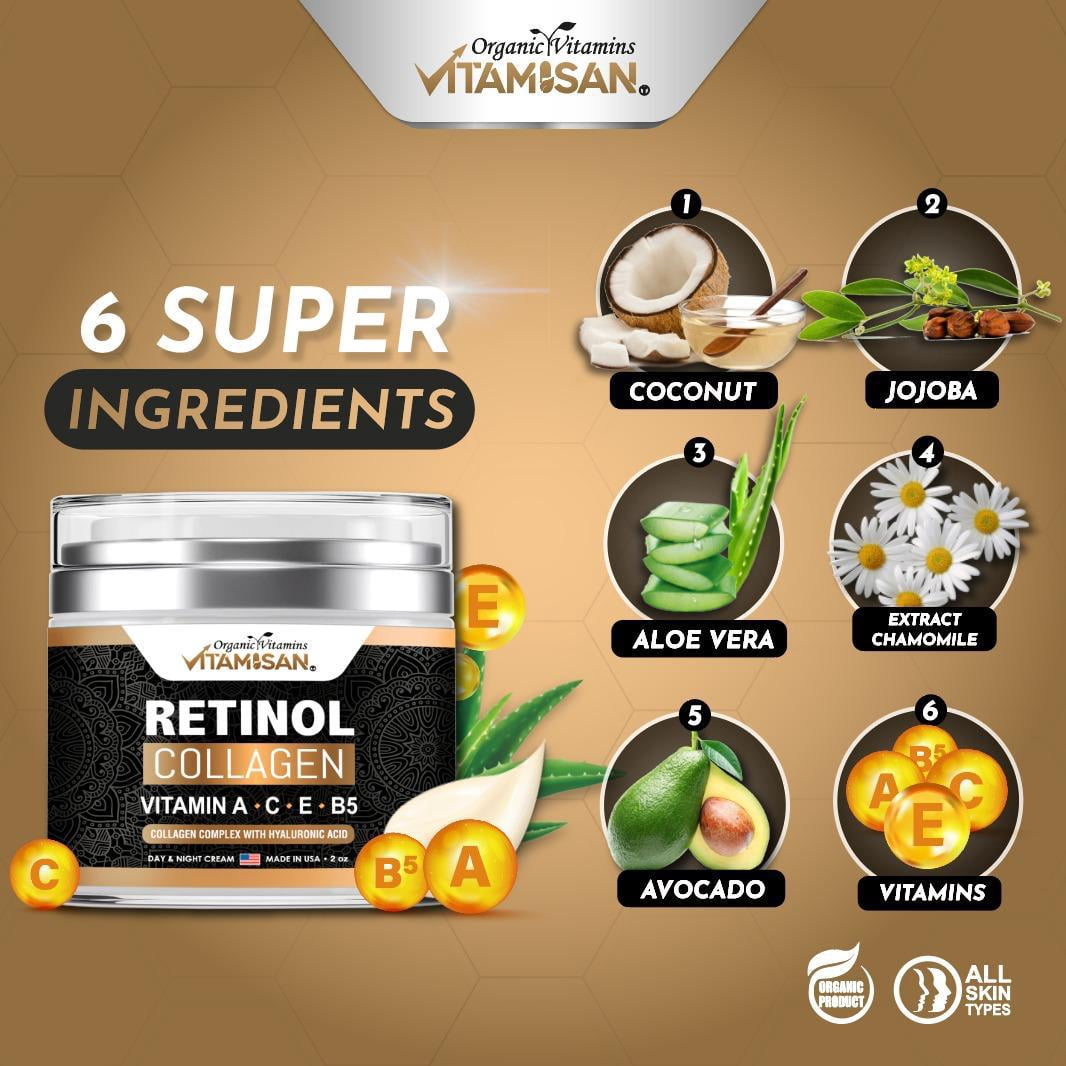 Vitamisan Retinol Collagen Cream with Hyaluronic Acid, Vitamin A C E B5 – Anti Aging Face Moisturizer, Hydrating Day & Night Cream for All Skin Types – 2 oz