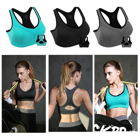 

Comfortable Sports Bras with Pad for Women 3 Pcs Seamless High Impact Racerback Bras Support for Yoga Gym Workout Fitness Indoor Outdoor Activity ( XL Size Blue Gray Black)