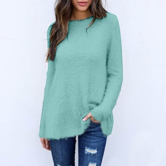 Blmnix Sweater Going Out Tops for Woman Blue Solid Crew Neck Tunic Long Sleeve Pullover Juniors Tops Elegant