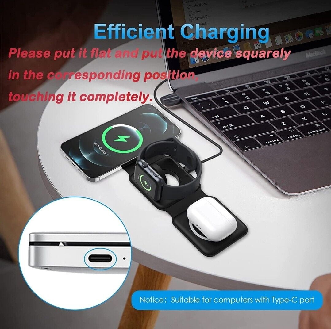 SamsMax LLC 3 in 1 Wireless Charger. For iPhone 14 13 12 11/Pro/XS/XR/8,AirPods 3/2/Pro, iWatch 7/6/5/4/3/2. Magnetic Foldable Fast Wireless Charging Pad Folding (Black)