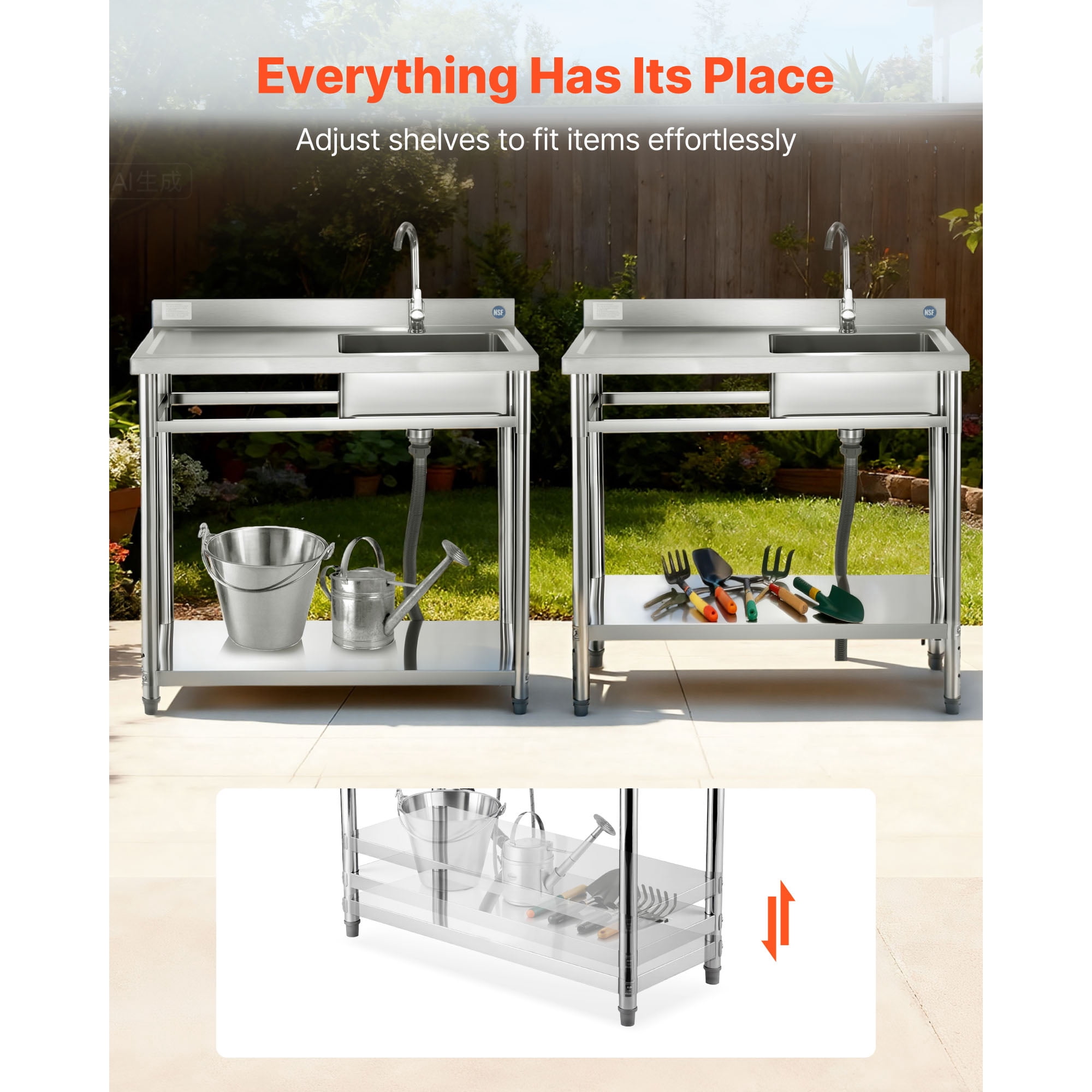 KFFKFF Stainless Steel Utility Sink, Free-Standing Single Bowl Commercial Kitchen Sink with Faucet, 39.4 x 19.7 x 37 in, Left-Side Basin with Hot and Cold Water Pipes for Garage, Restaurant