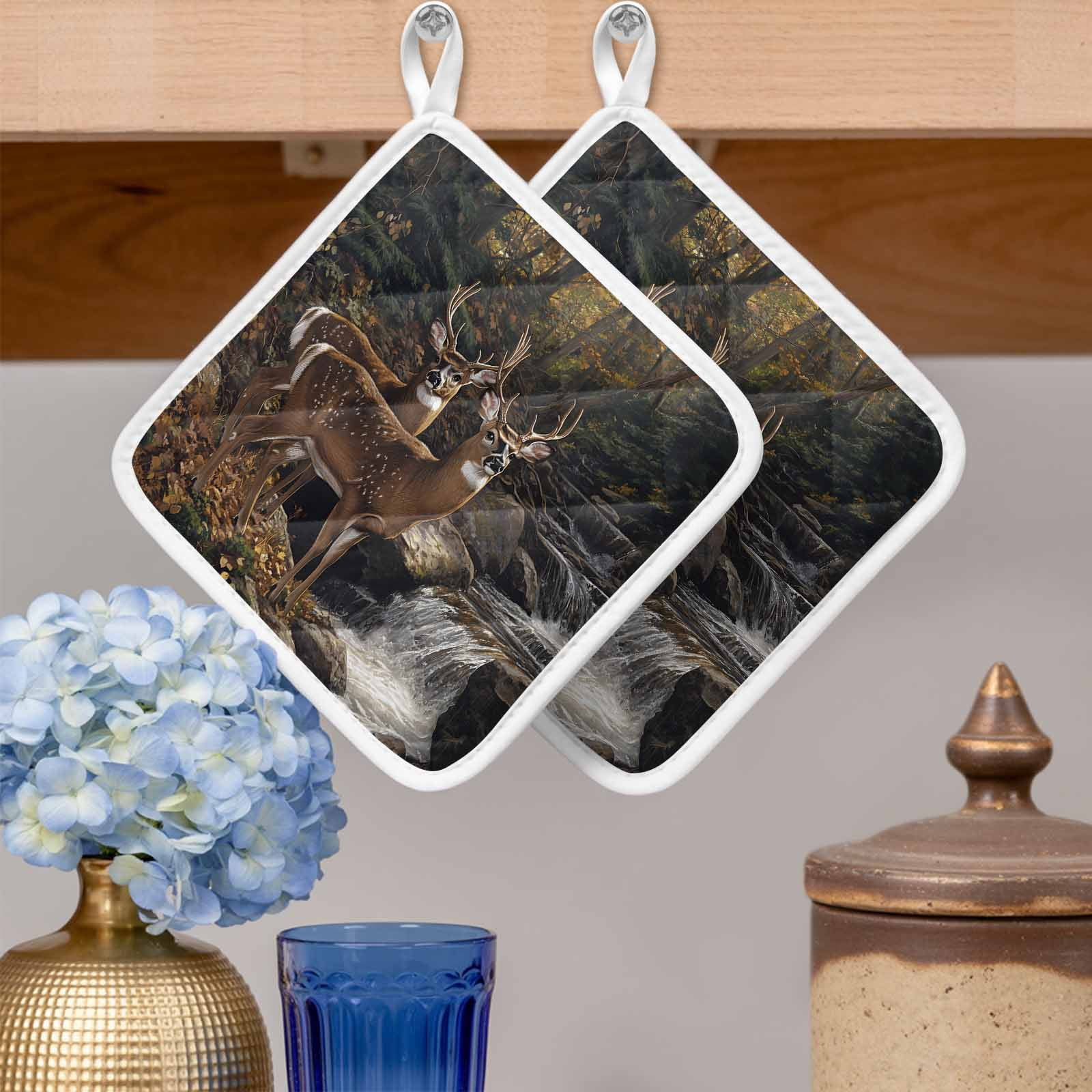 Forest Deer Pot Holders for Kitchen Heatproof Potholder, 3 Pack Farmhouse Vintage River Elk Hot Pads Multipurpose Oven Pads Cloth Potholders Trivet for Cooking Baking