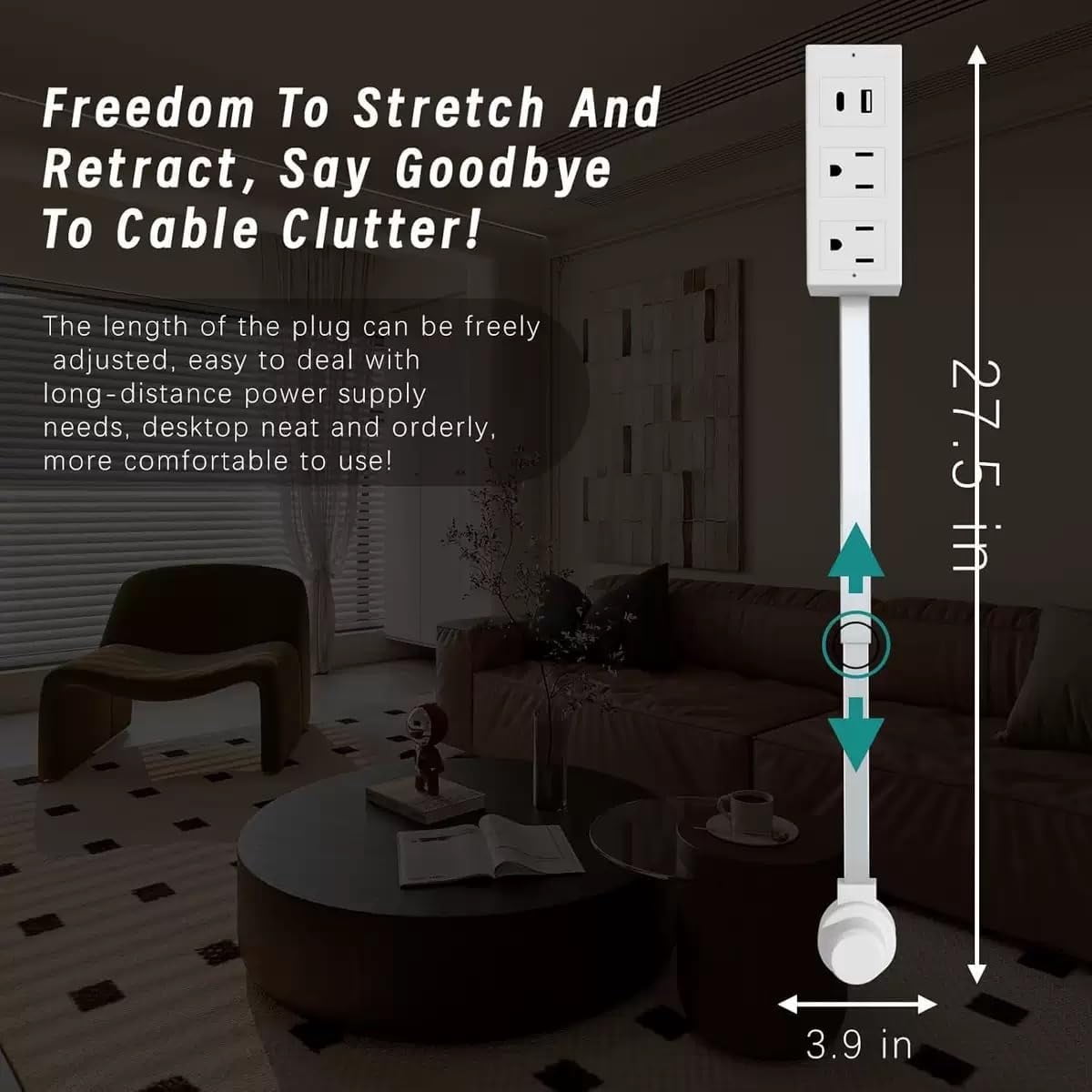 Electrical Outlet Extender Features USB-A, USB-C, and 2 AC Electrical Outlet Extender Stick for Hard to Reach Spaces Extends 22" - 27", Rotates 180°, Use Behind Couches, Nightstands, Desks, and More