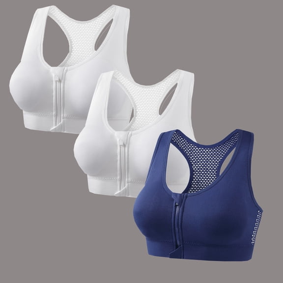 Guieoi 3 Piece Set Bra for Women Plus Size Solid Color Wireless Front Zip Cross Back Pushing Up Tank Top Sports Underwear White XXXL