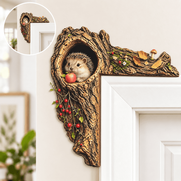 2D Woodland Animal Door Corner Decor, L-Shaped Wooden Tree Hole Ornament with Different Animal Design for Indoor Door Frame, 1 Piece Hedgehog Left